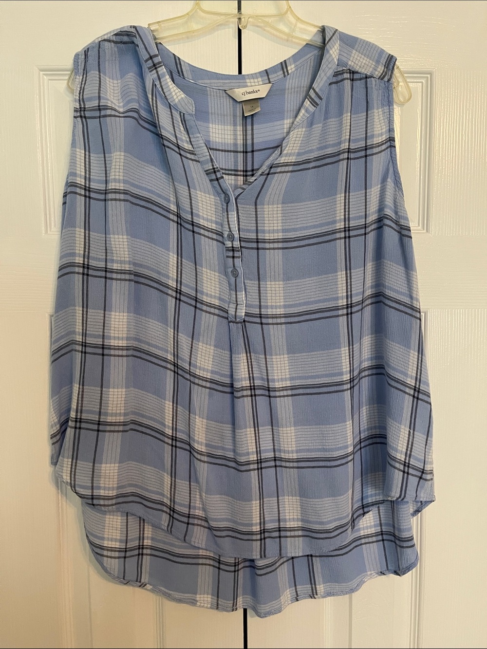 CJ Banks Blue and White Plaid Sleeveless Henley Top